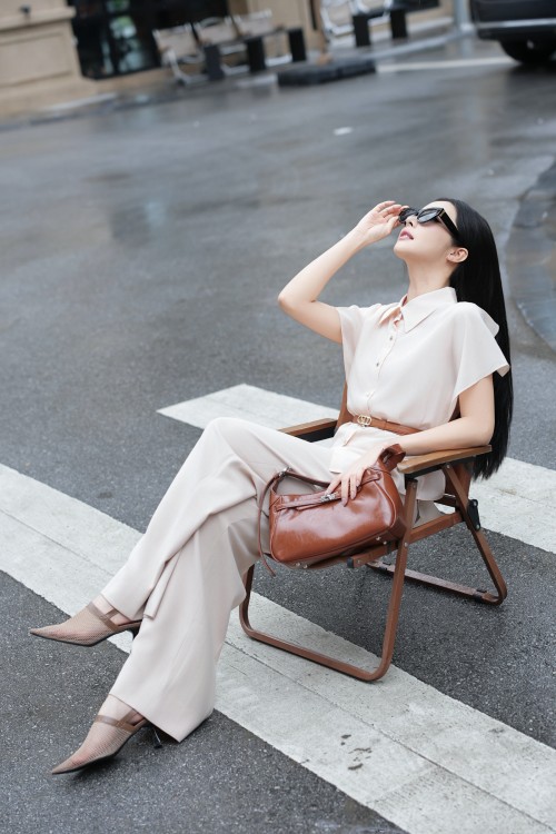 Beige Woven Straight Pants