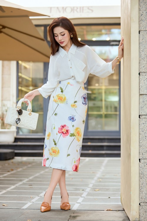 White Floral Print Raw Pencil Skirt