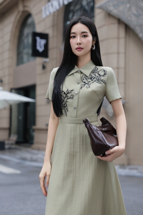 Delicate Yellow Flower Organza Flared Dress