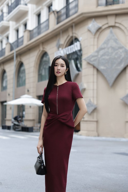 Dark Red Woven Pencil Dress
