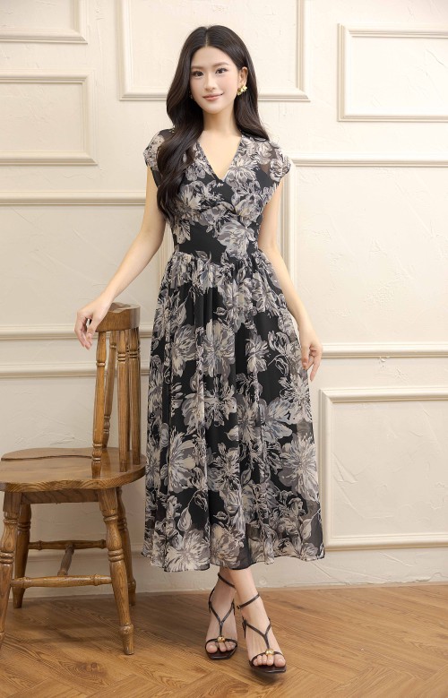 Floral Chiffon Flared Dress 2