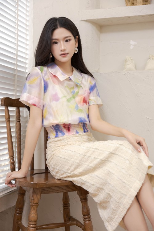 Multicolor Short Sleeves Organza Top