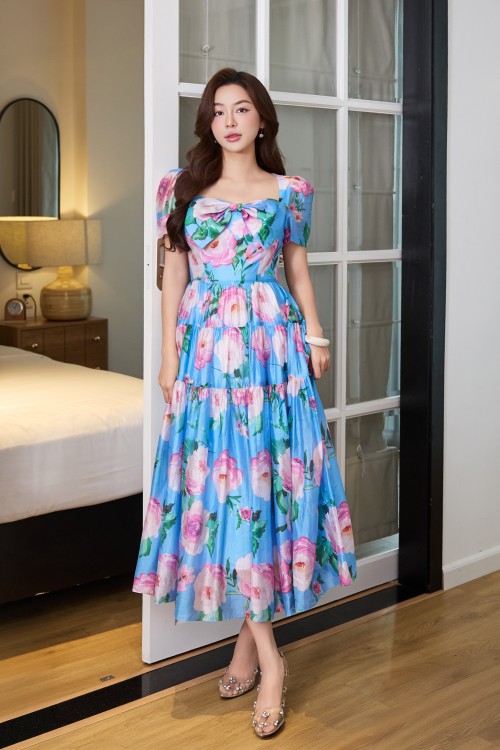 Blue Floral Organza Flared Dress