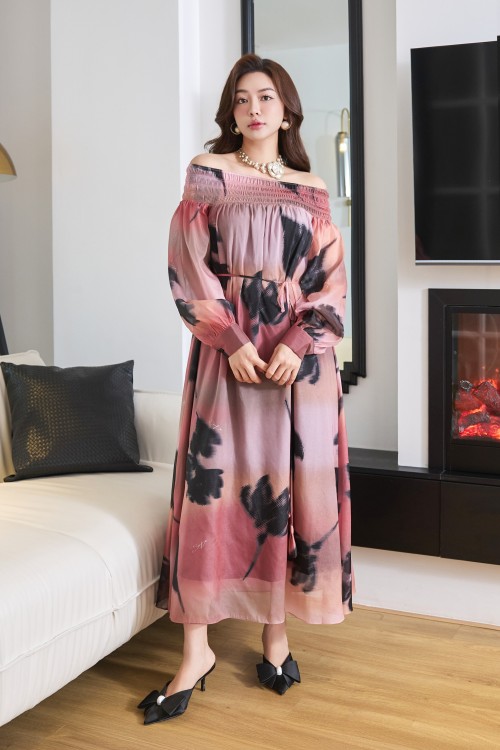 Salmon Organza Flared Dress