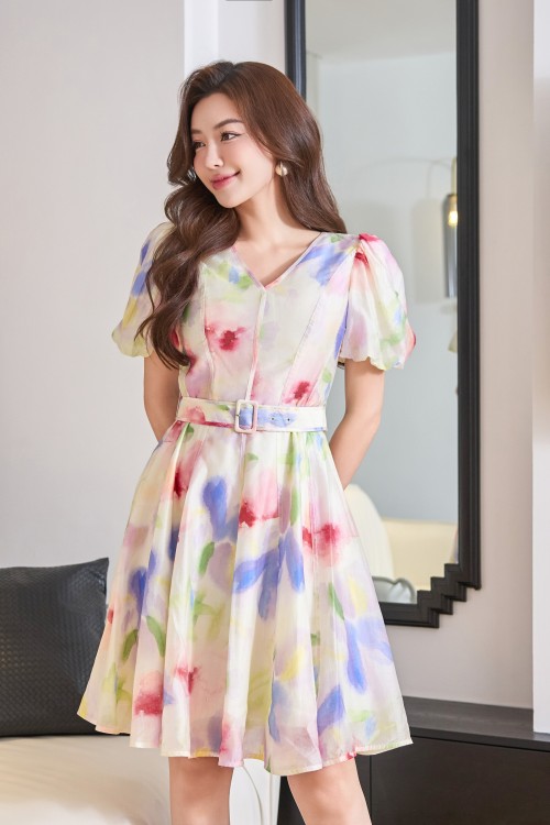 Cream V-neck Organza Mini Dress