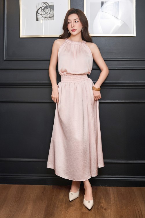 Light Pink Silk Blouse & Light Pink Silk Flared Skirt