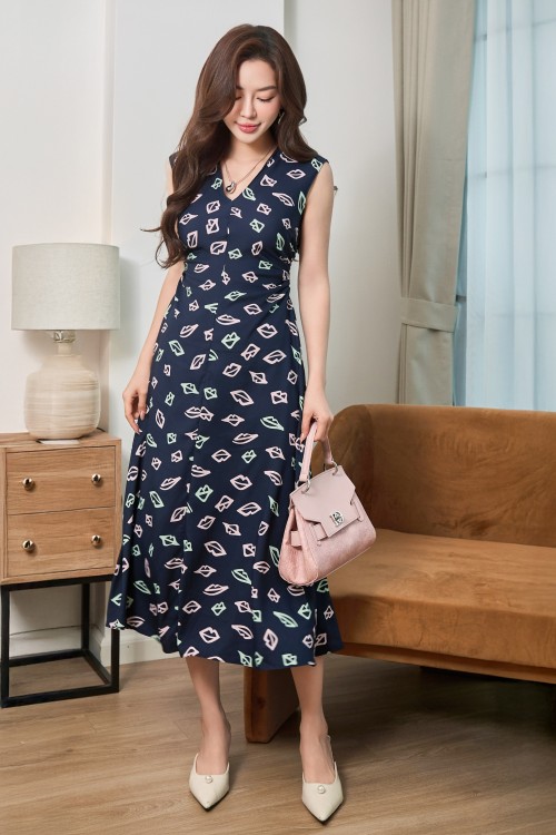 Navy Floral Silk Flared Dress