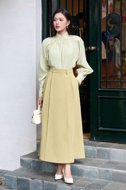 Avocado Green Woven Flared Skirt