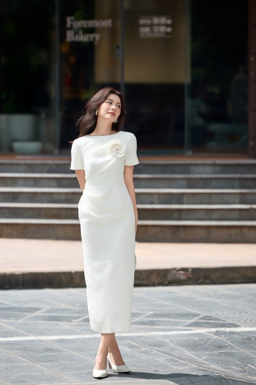 White Woven Pencil Dress With Flower