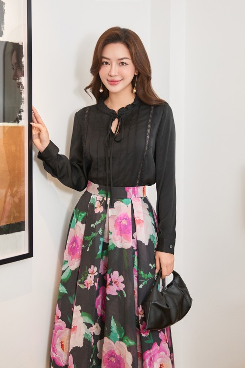 Black Long Sleeves Silk Blouse