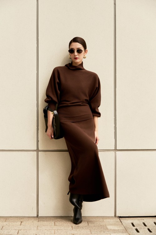Dark Brown Mock Neck Knit Blouse &amp; Skirt