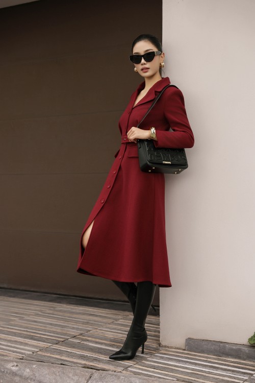Dark Red Woven Long Coat