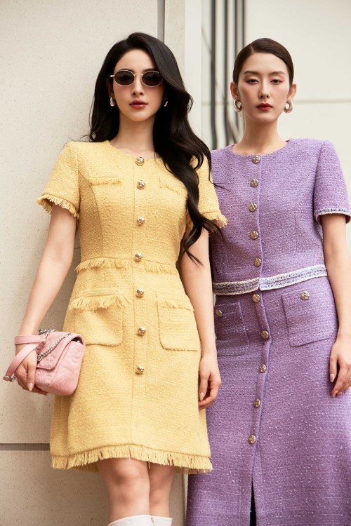 Yellow Tweed Flared Dress