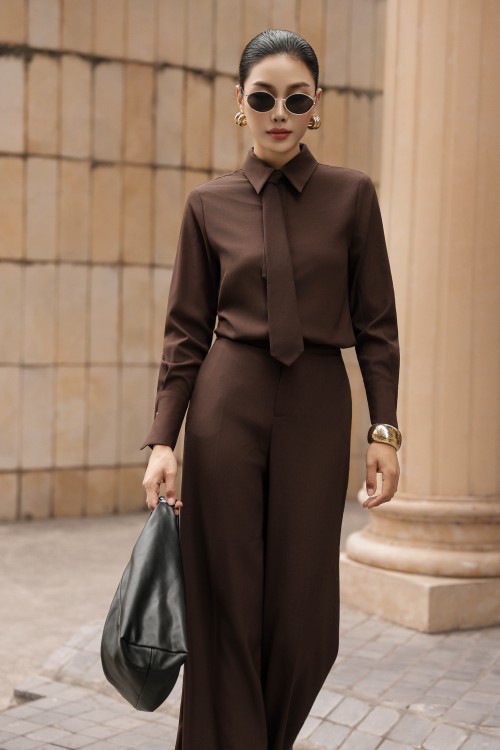 Chocolate-brown Woven Shirt With Tie