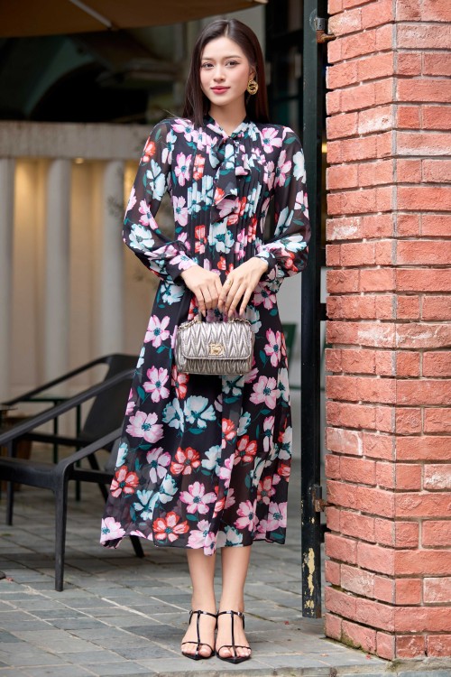 Black Floral Chiffon Loose Dress