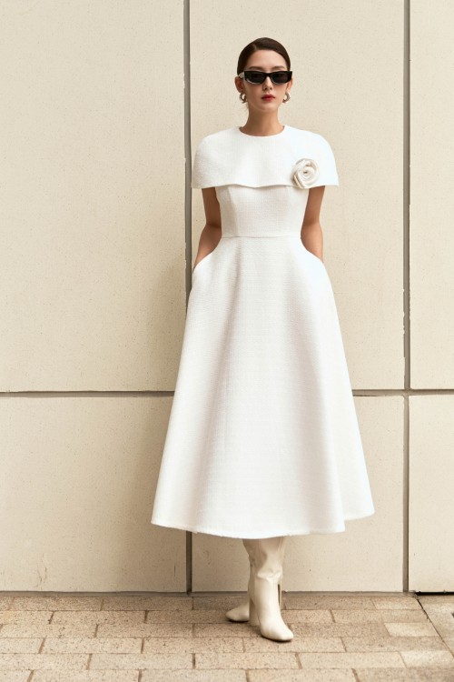 White Tweed Flared Dress With Flower