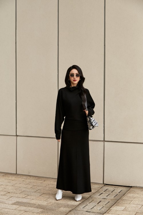 Black Mock Neck Knit Blouse &amp; Skirt
