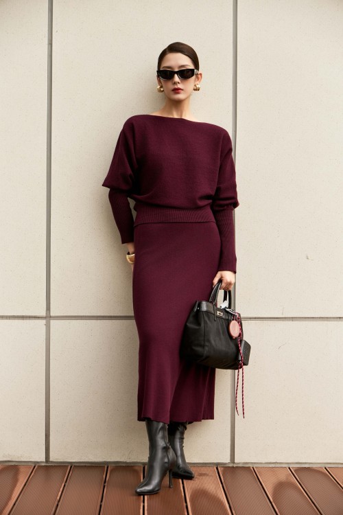 Dark Purple Batwing Sleeves Knit Blouse