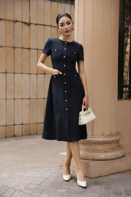Navy Woven Flared Dress