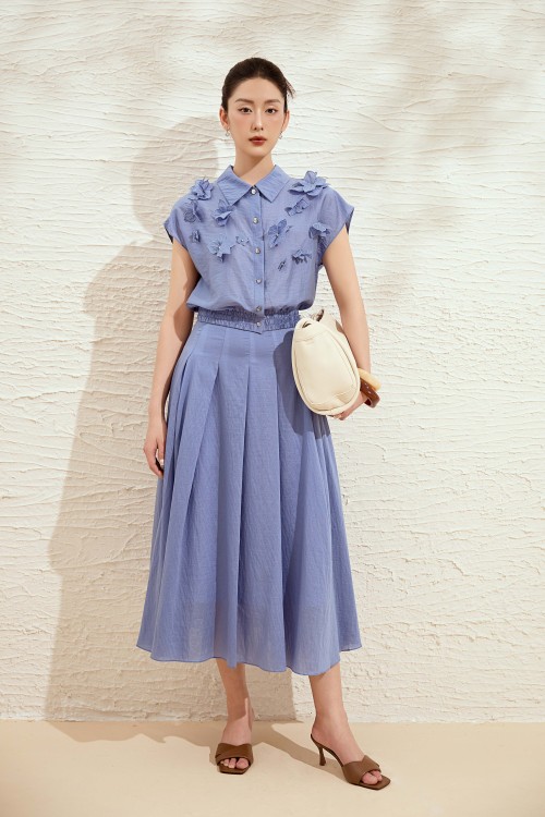 Blue-grey Organza Flared Skirt