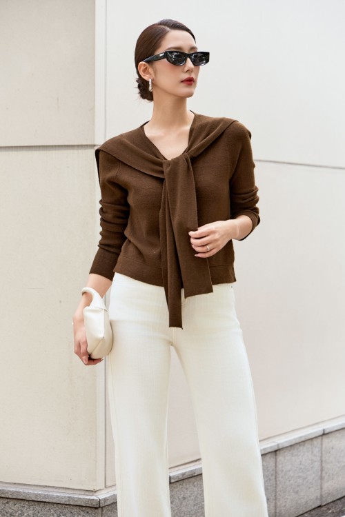 Dark Brown Scarf Collar Knit Cardigan