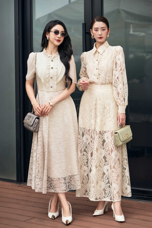 Beige Organza Flared Dress