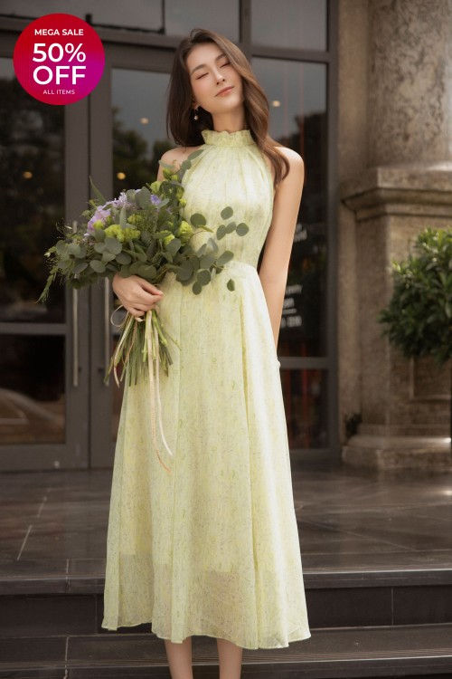 Light Green Nuggets Voile Flared Dress