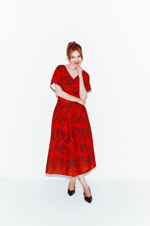 Red Bowtie Linen Flared Dress
