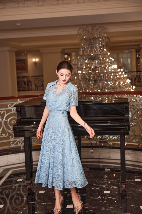 Blue Lace Flared Skirt