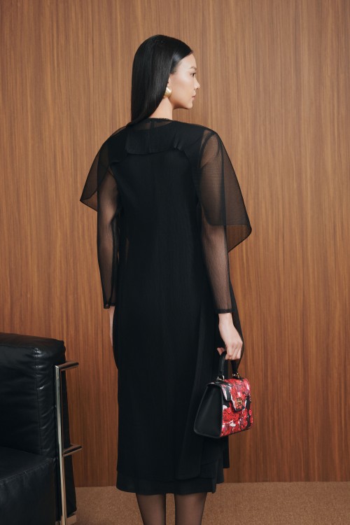 Sixdo Black Woven Set Cape & Dress