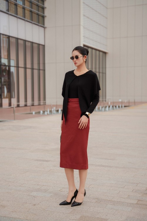 Orangish Brown Straight Woven Midi Skirt