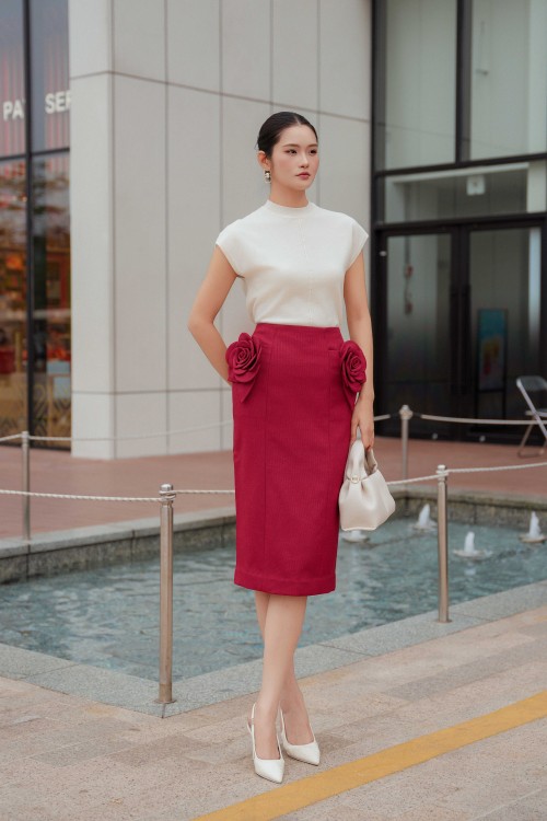 3D Flower Woven Midi Skirt