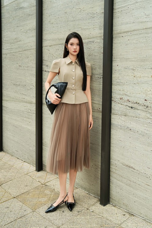 Light Brown Mesh Flared Skirt