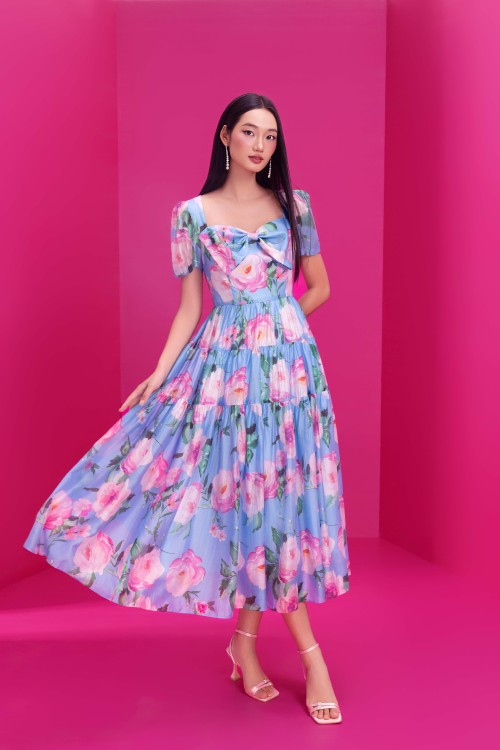 Blue Floral Organza Flared Dress