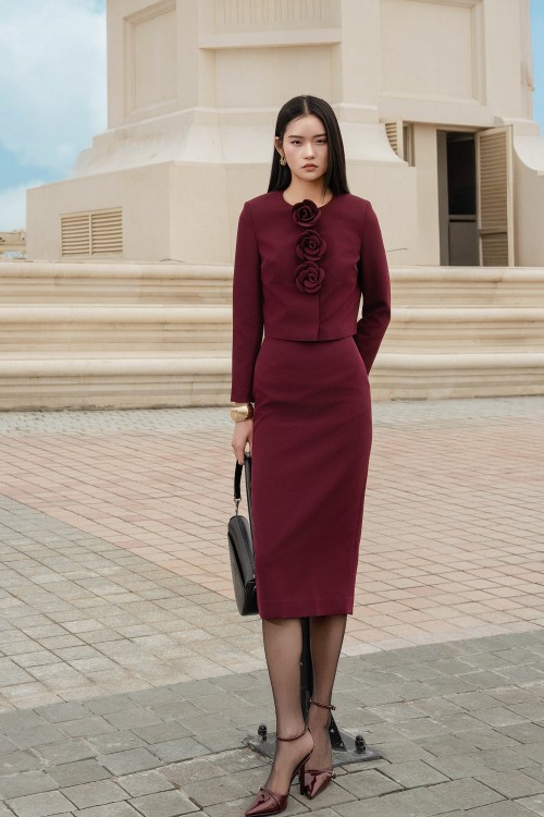 Plum Woven Pencil Skirt