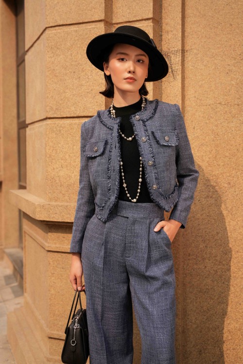 Navy Long Sleeves Tweed Vest