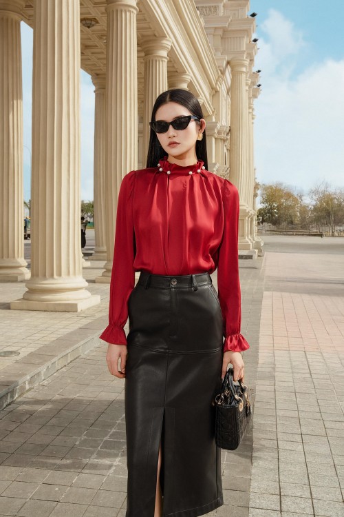 Burgundy Long Sleeves Silk Blouse