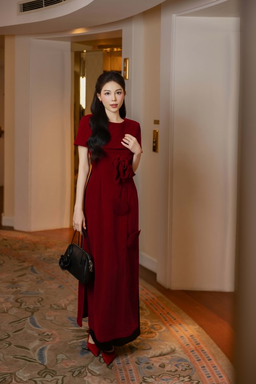 Red 3D Flower Velvet Ao Dai