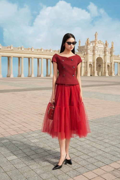 Dark Red Mesh Flared Skirt