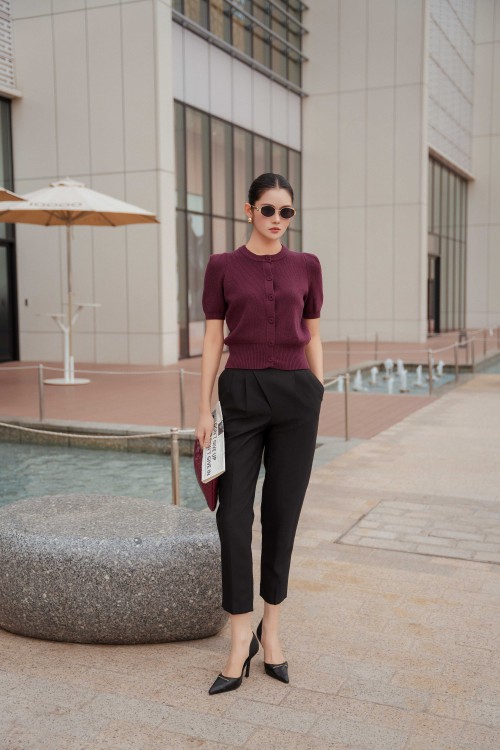 Dark Red Short Sleeves Wool Blouse