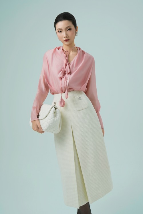 Sixdo Beige Midi Tweed Skirt