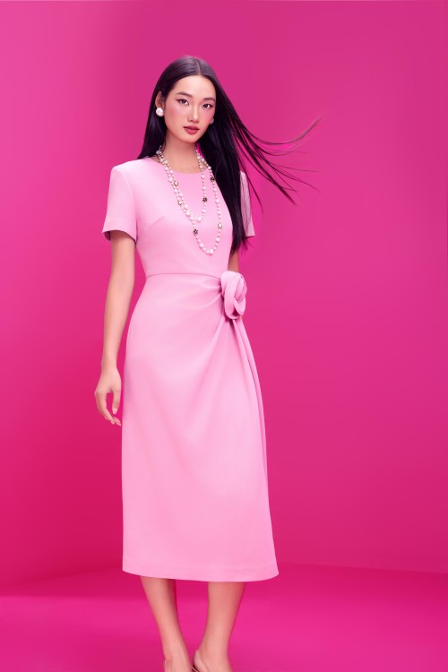 Sixdo Pink Woven Midi Dress With Flower