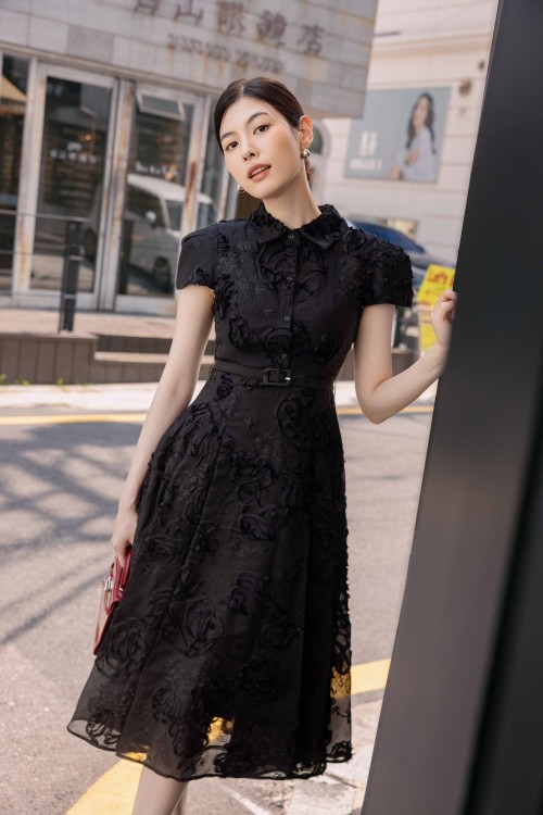 Sixdo Black Organza Flared Dress