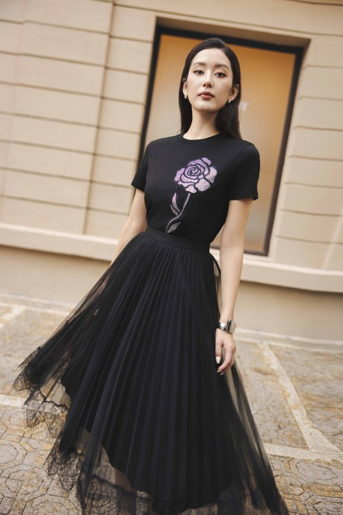 Sixdo Black Mesh Flared Skirt