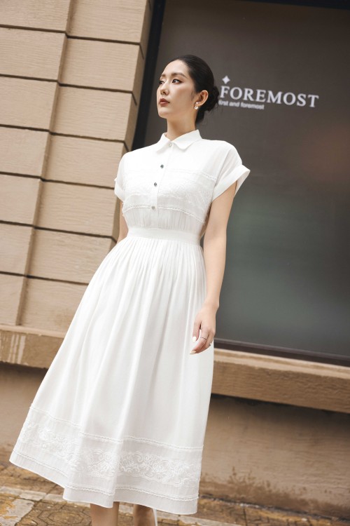 Sixdo White Organza Flared Dress
