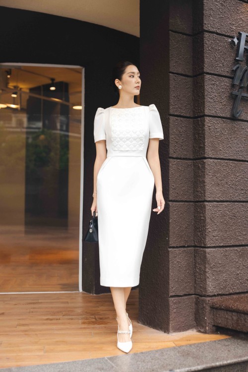 Sixdo White Woven Pencil Dress