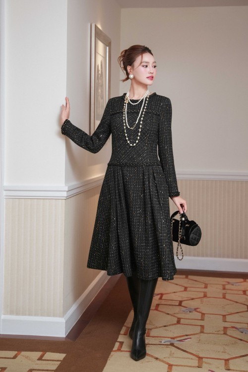 Sixdo Black Tweed Flared Dress