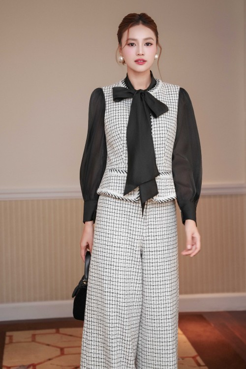 Sixdo Black & White Check Tweed Loose Pants