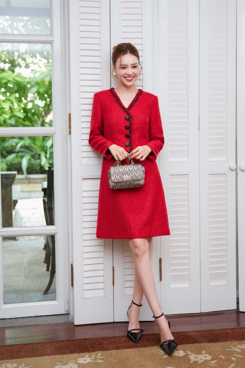 Sixdo Red Tweed Flared Dress