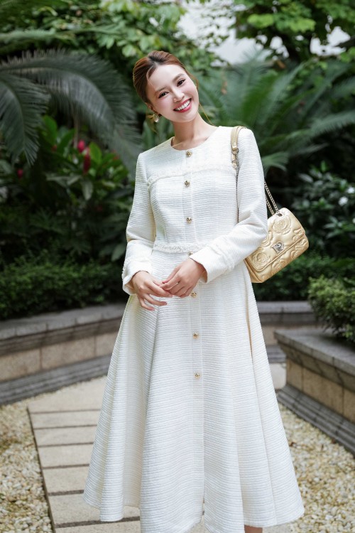 Sixdo Cream Tweed Flared Dress